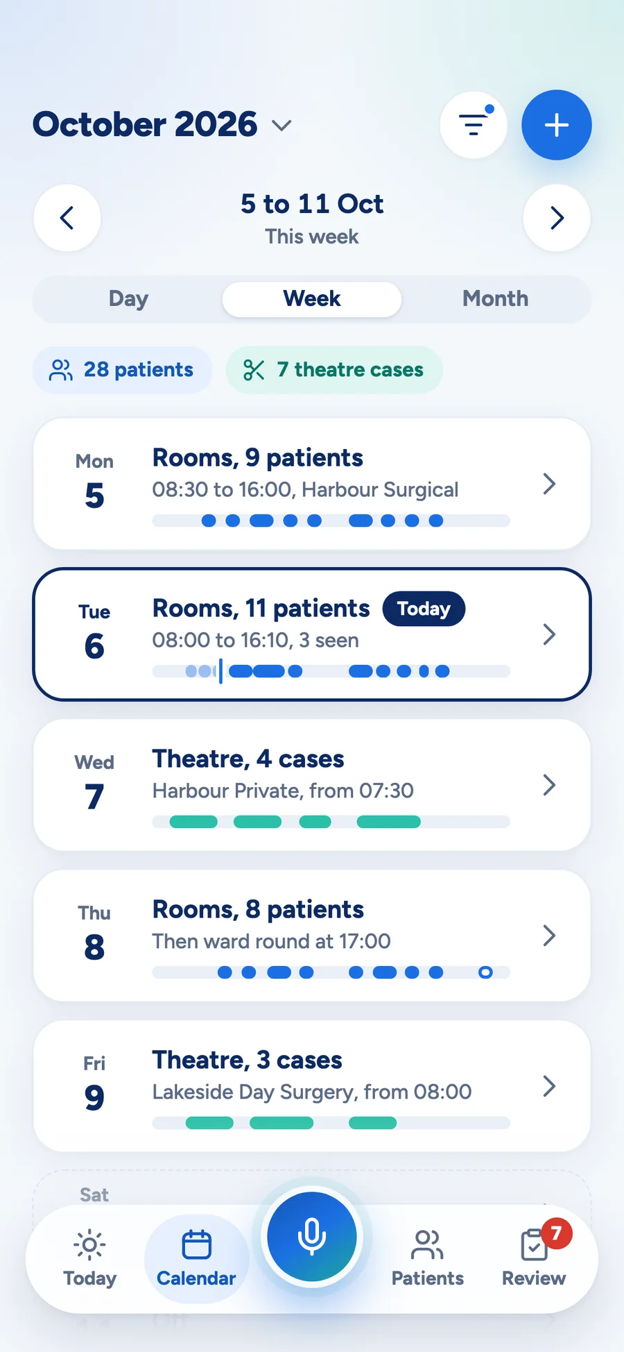 The week view in the MedOS app, with clinic sessions and theatre cases