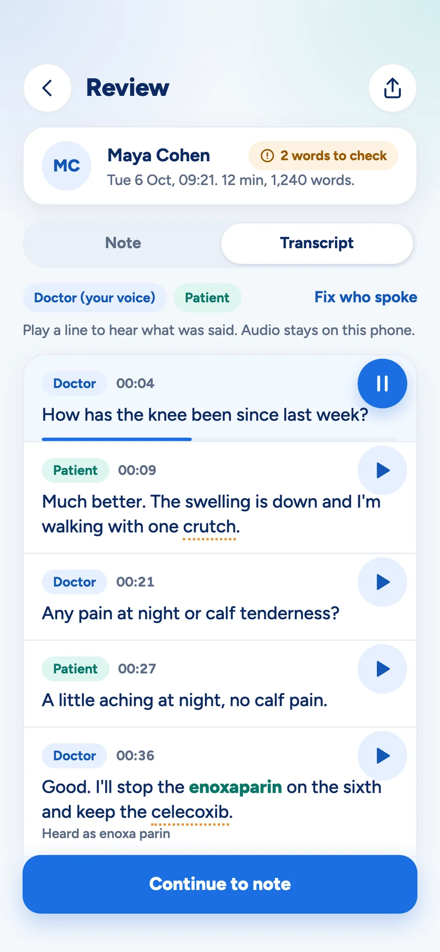 Reviewing a transcript in the MedOS app, with flagged words to confirm before filing