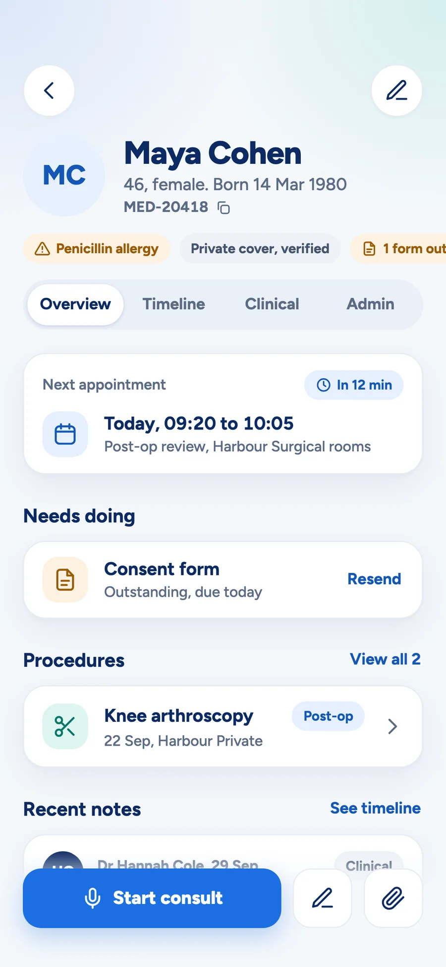 A patient record in the MedOS app: identity, allergy, cover and the next step at the top