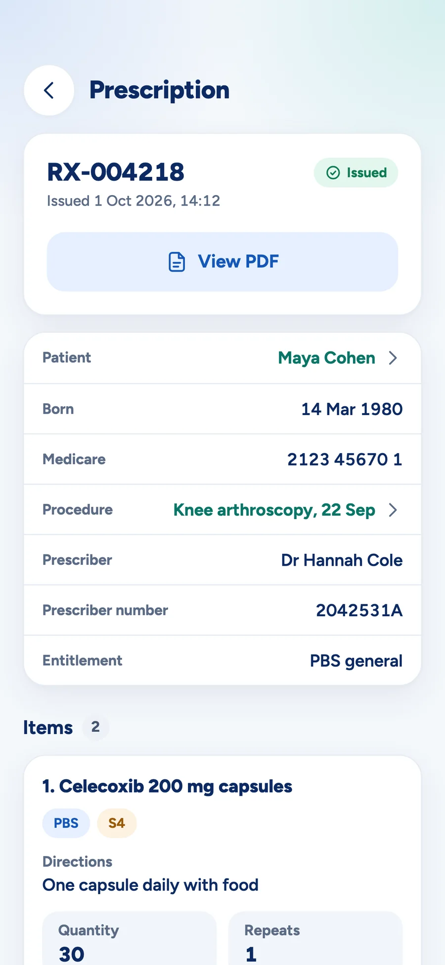 An issued prescription in the MedOS app, with the PDF and the items prescribed