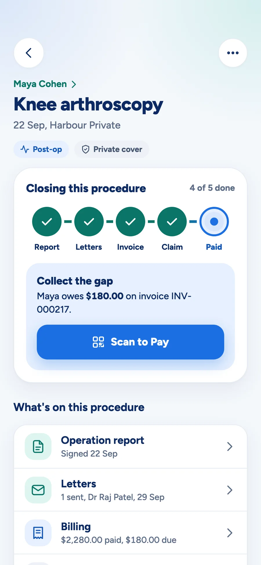 A procedure in the MedOS app, with its report, claim and billing track