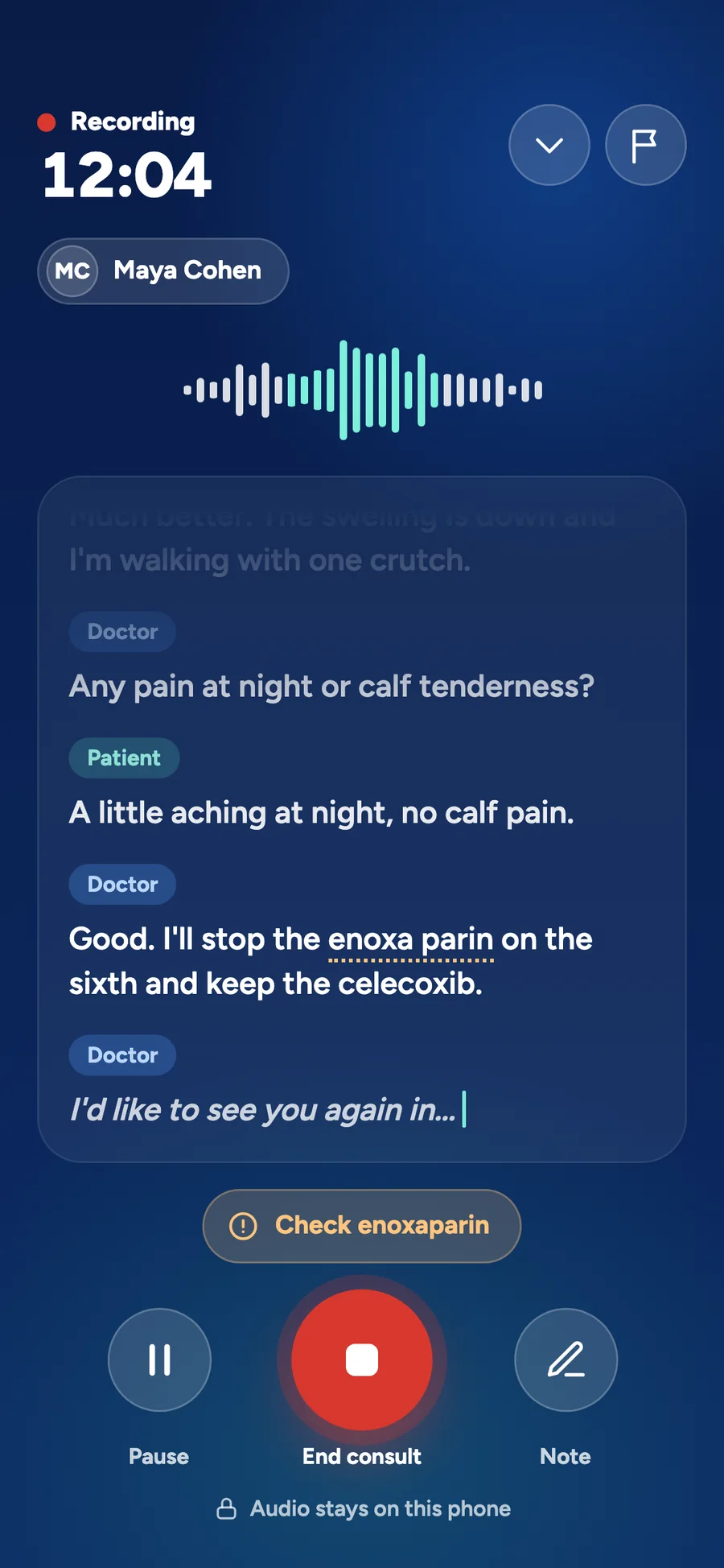 The MedOS app recording a consult, with the live transcript, and explicit pause, flag and stop controls