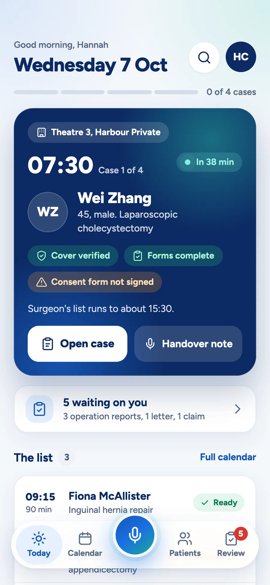 The MedOS app's Today screen on a theatre day: the first case as one large card with cover, forms and consent flagged, then the rest of the list