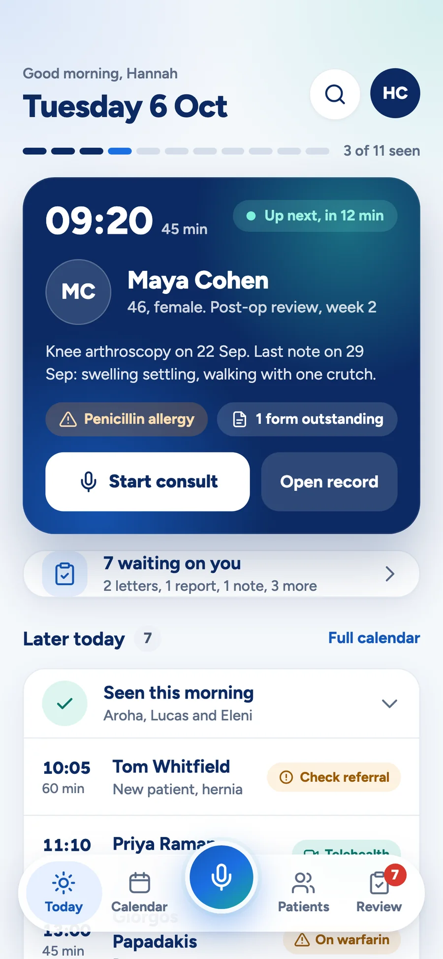 Today in the MedOS app for a clinic day: the next patient and the list