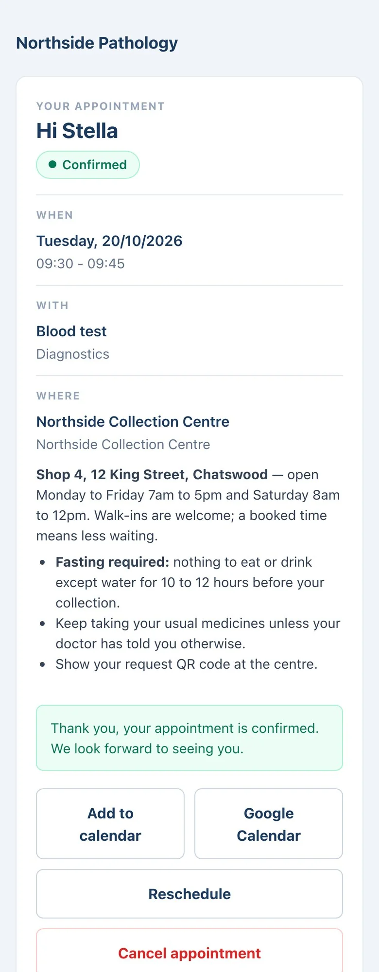 The patient's appointment page: a confirmed blood test at Northside Collection Centre, with the address, opening hours, fasting instructions, and buttons to add to a calendar, reschedule or cancel