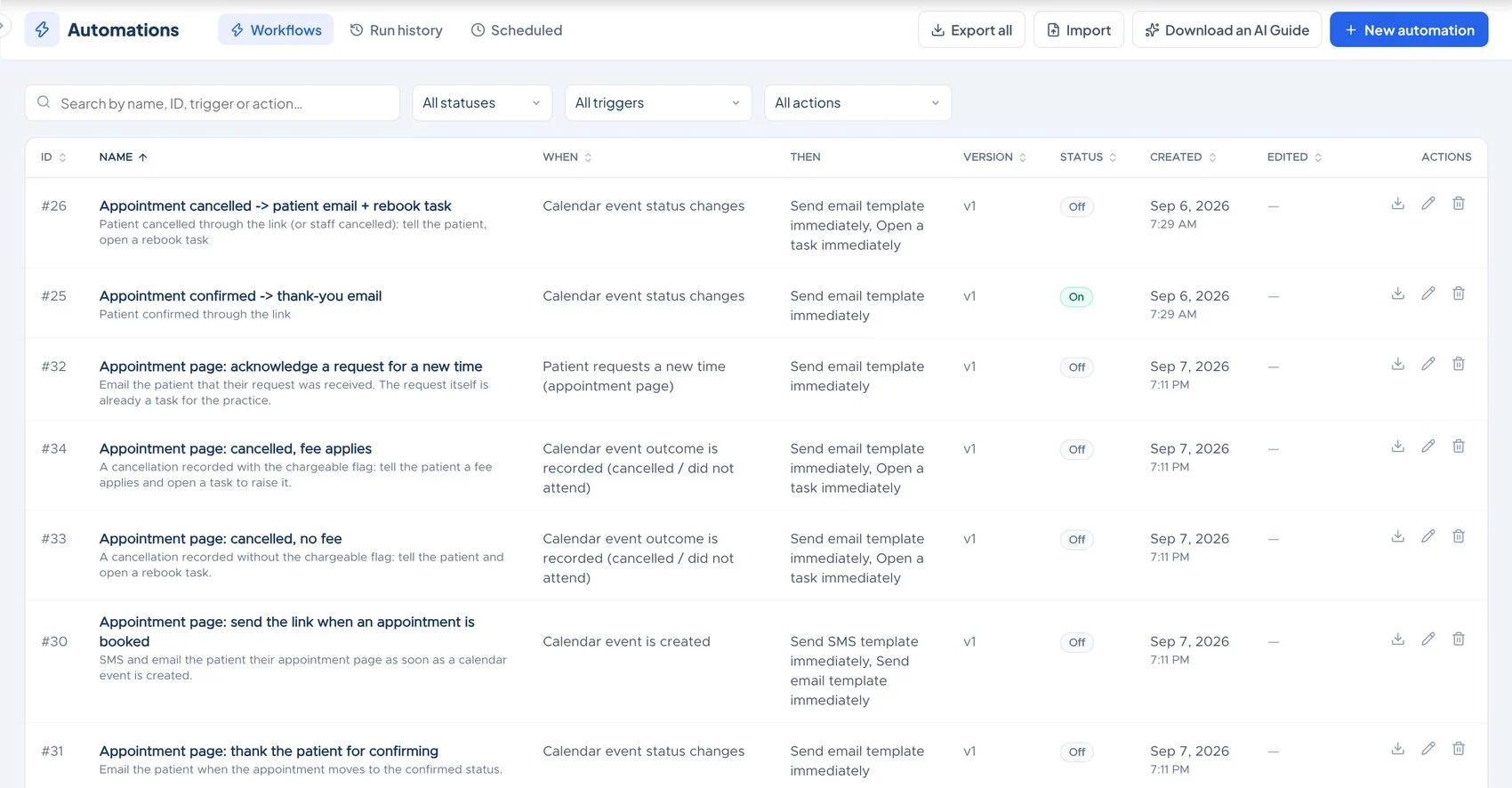 The MedOS automations list in a pathology practice: appointment page and reminder workflows, each with its trigger, action and version