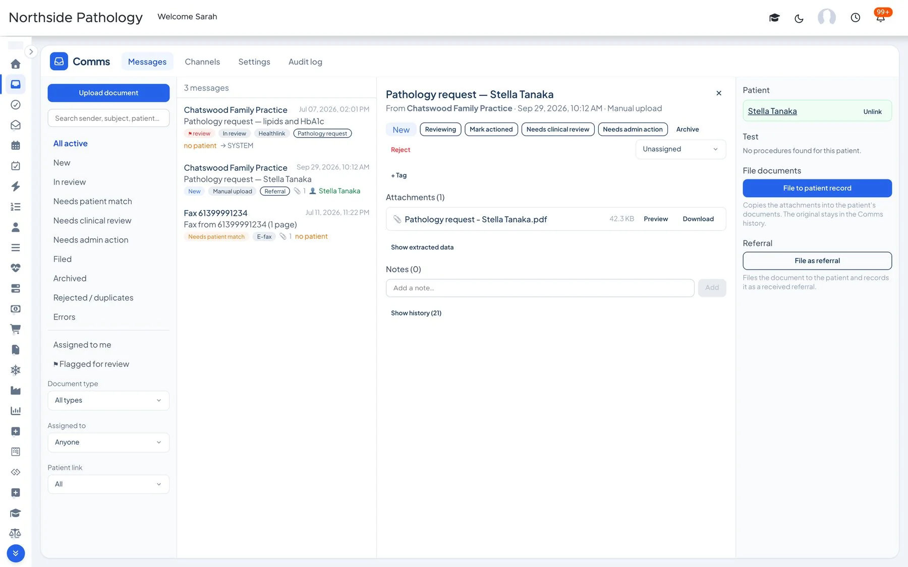 The MedOS inbox in a pathology practice: a pathology request from Chatswood Family Practice for Stella Tanaka, read, matched to the patient and ready to file