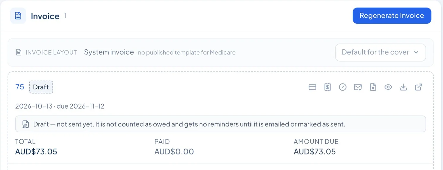 A draft invoice on a MedOS procedure: total AUD$73.05, nothing paid yet, not counted as owed until it is sent