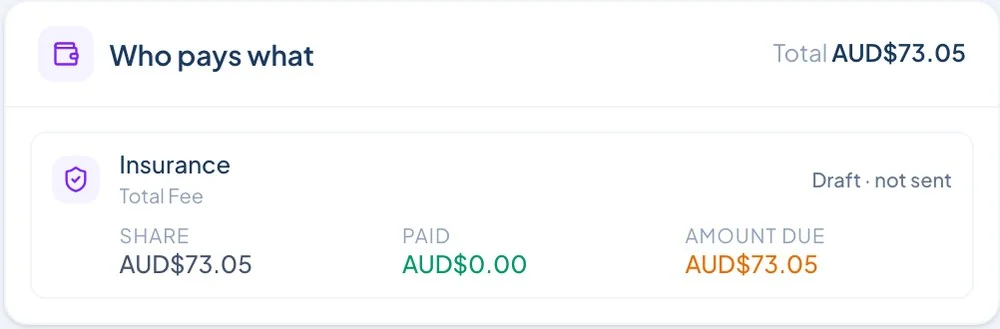 Who pays what on the invoice: the insurer's share of AUD$73.05, paid AUD$0.00, amount due AUD$73.05