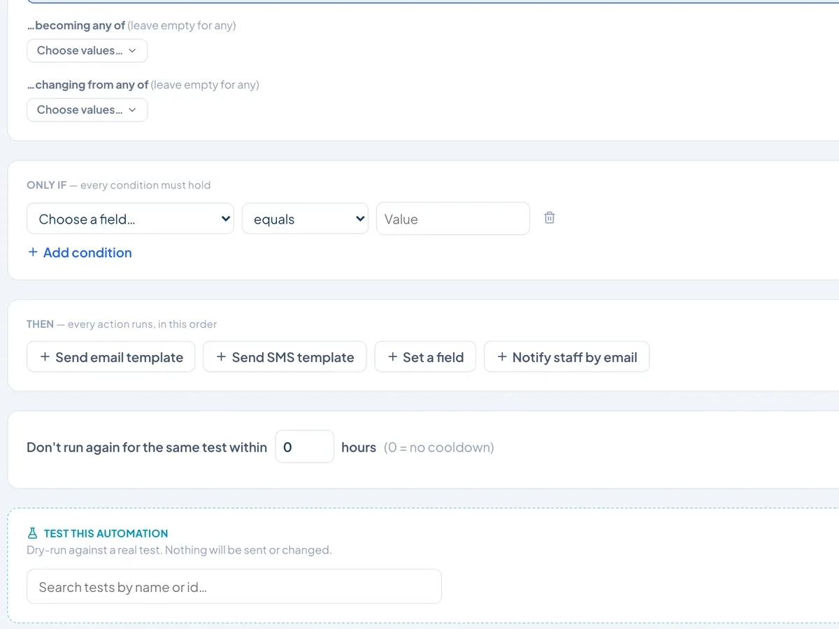 The actions, cooldown and dry-run test of a MedOS automation