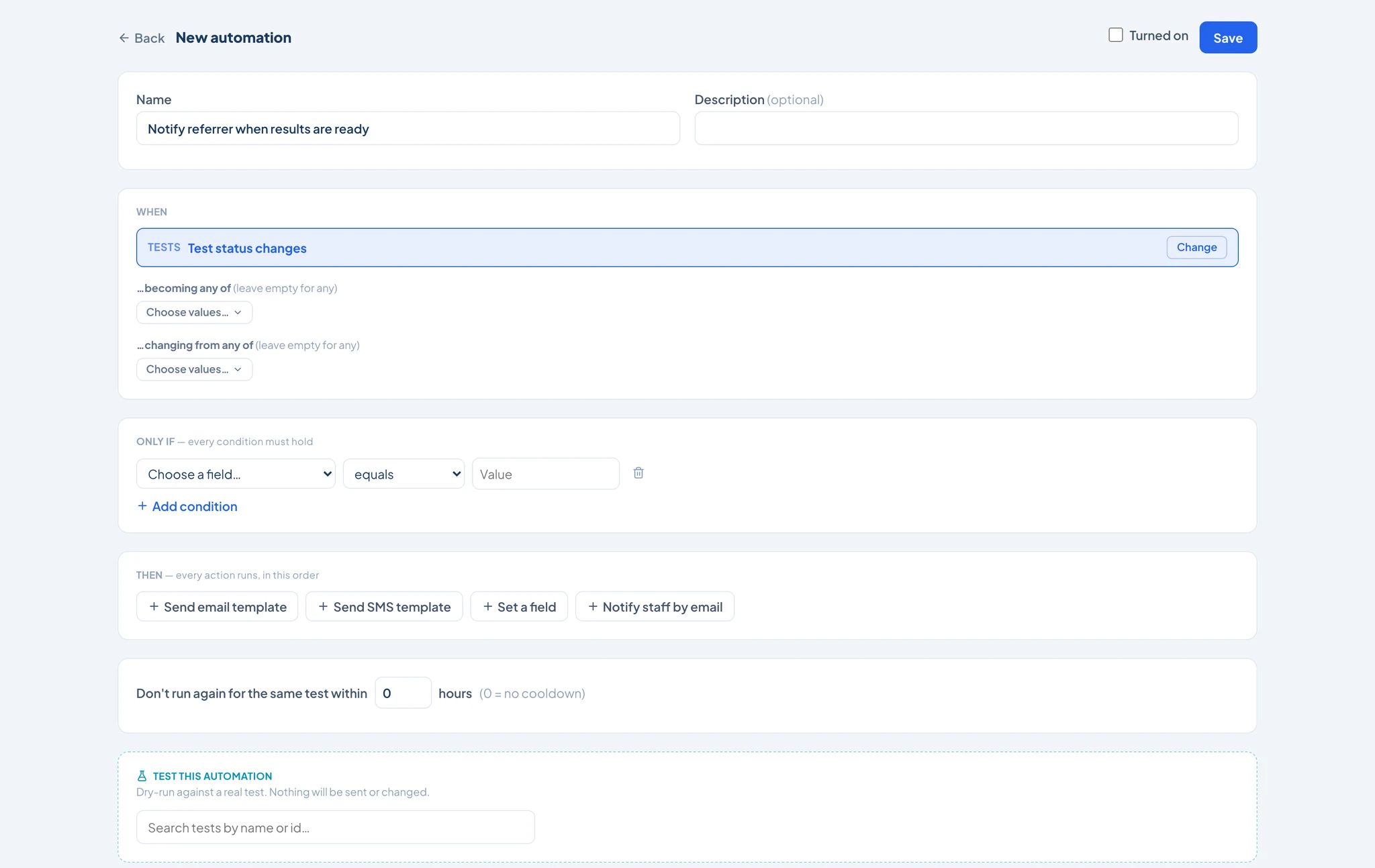 The MedOS automation builder — WHEN, ONLY IF and THEN, with a cooldown and a dry-run tester