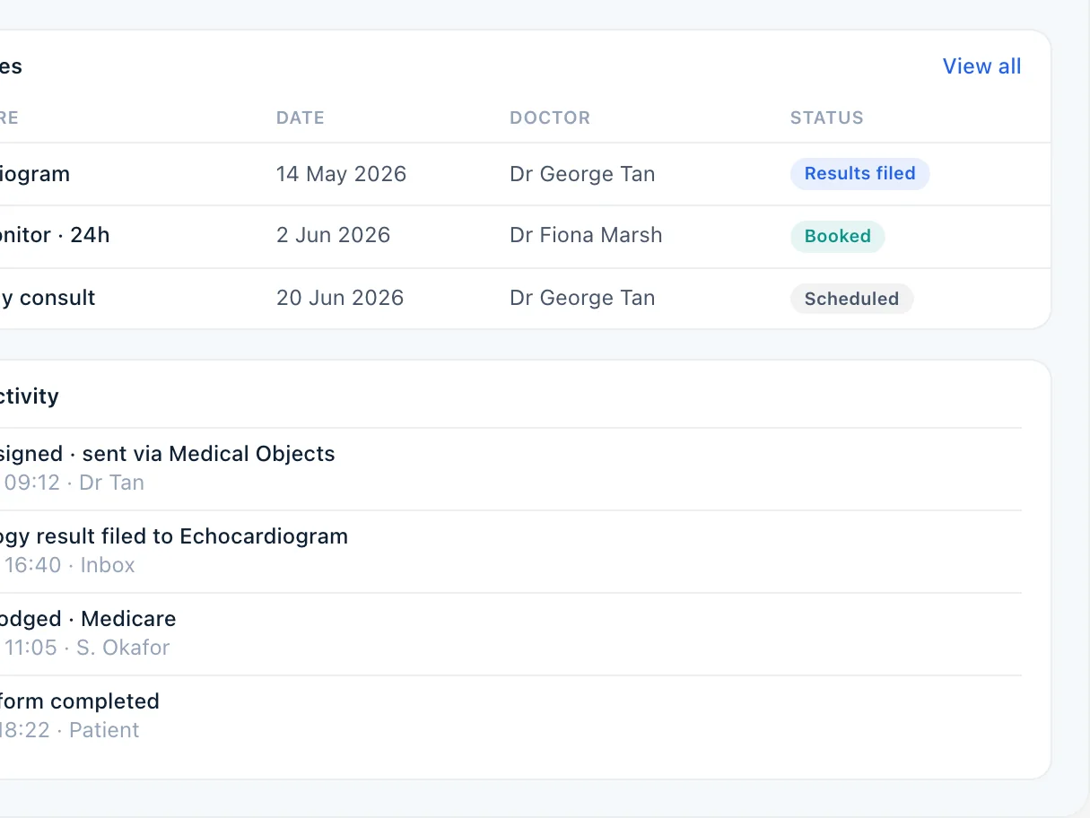 Recent activity on a MedOS patient record: a letter signed and sent via Medical Objects, a result filed, a claim lodged