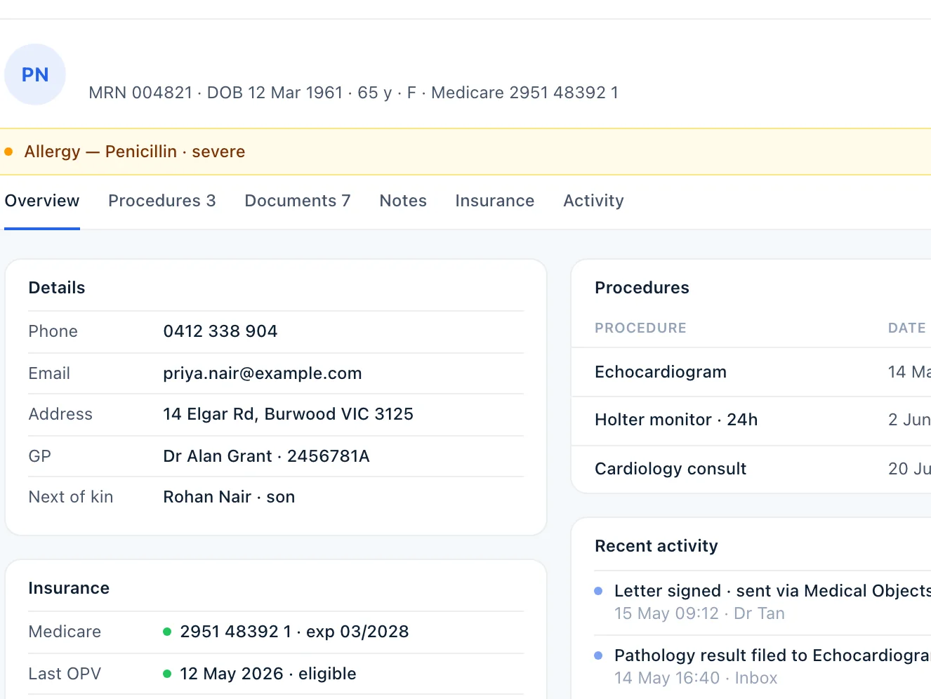 A patient record in MedOS: identifiers, Medicare and DVA status, and the allergy banner above the tabs